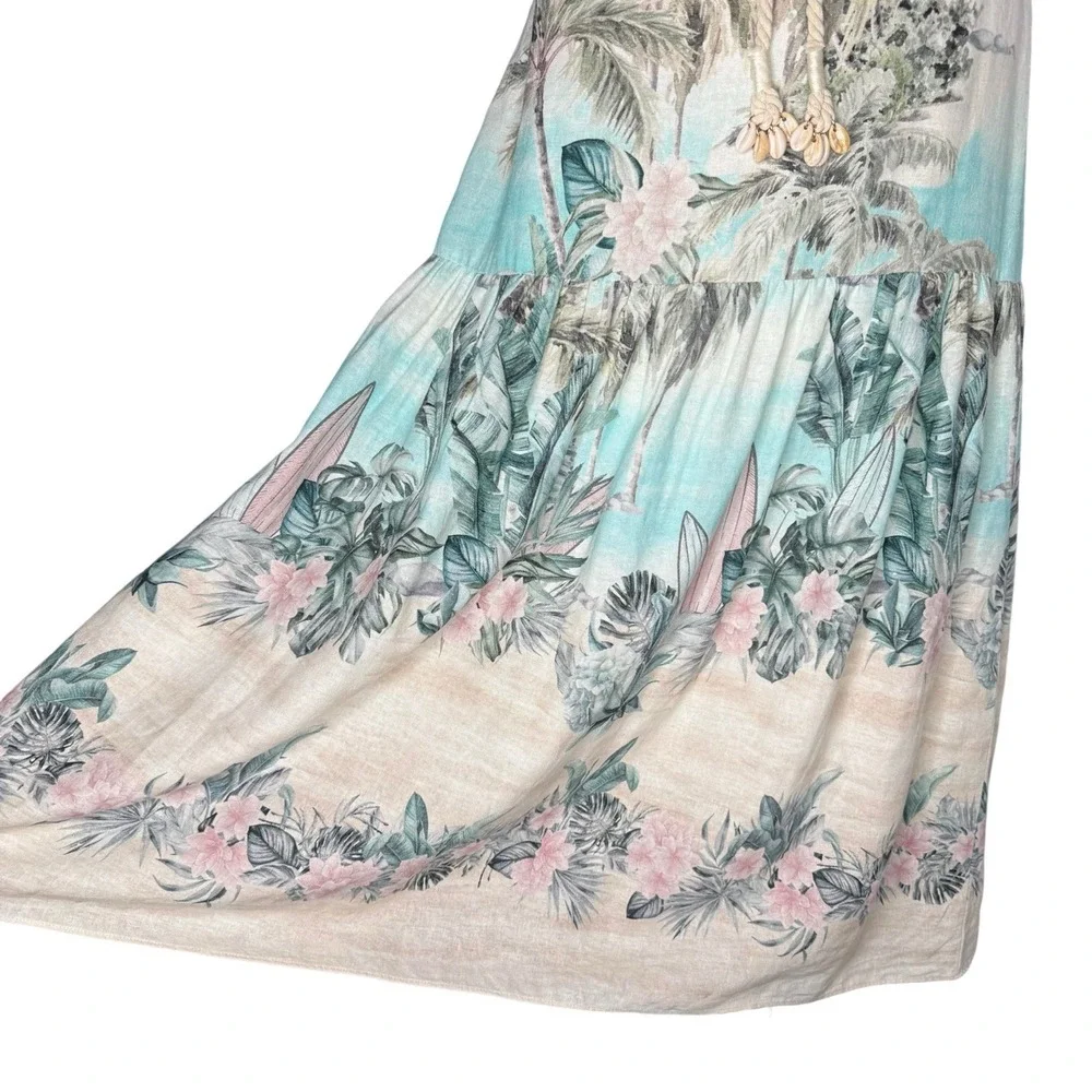Joie Midi Skirt Tiered‎ Medium Linen Blend Rope Shell Belt Hawaiian Beach Pastel
